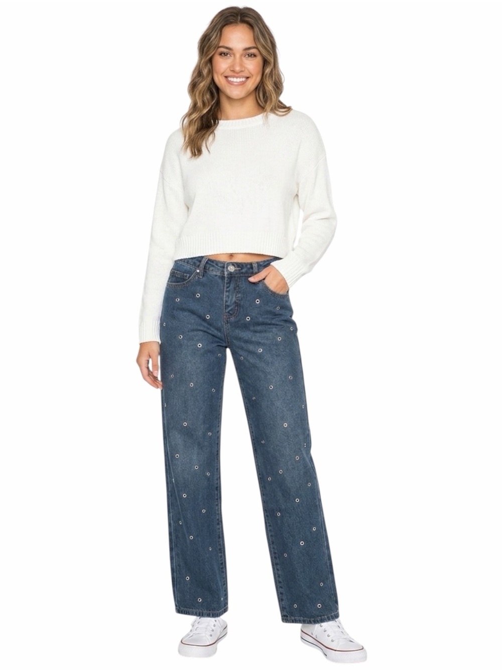 Cali1850 All Over Grommet Low Rise Straight Jeans - Medium Wash size 7/28 - Picture 1 of 16